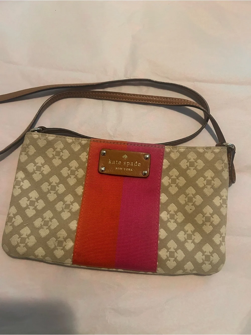 kate spade Beige Canvas Crossbody with Pink and Orange Stripe